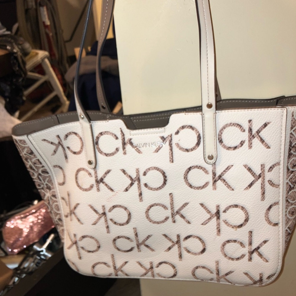 Calvin Klein White and Brown Tote Bag